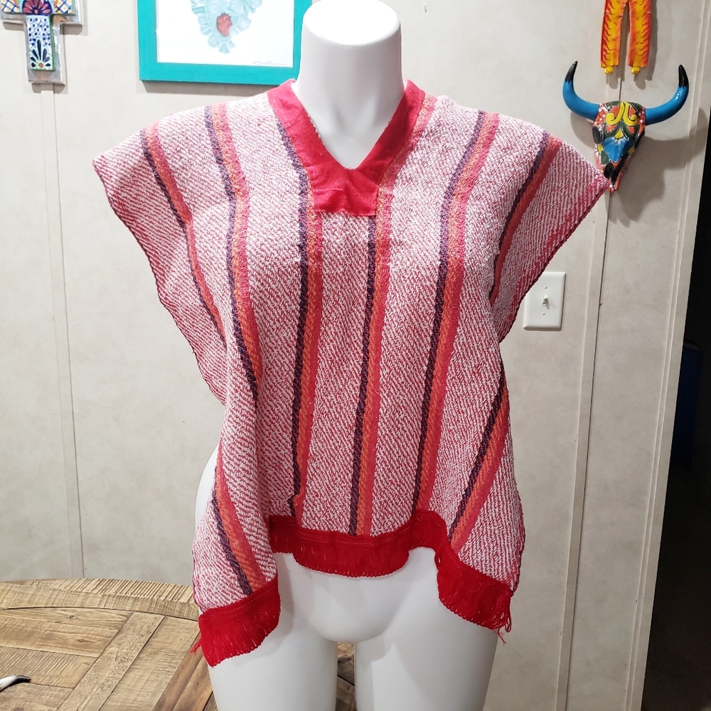 New Gaban Serape Poncho Artesan Top One Size Red